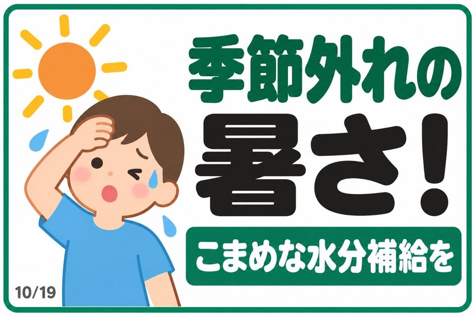 店頭POPの例。「季節外れの暑さ！」こまめな水分補給を