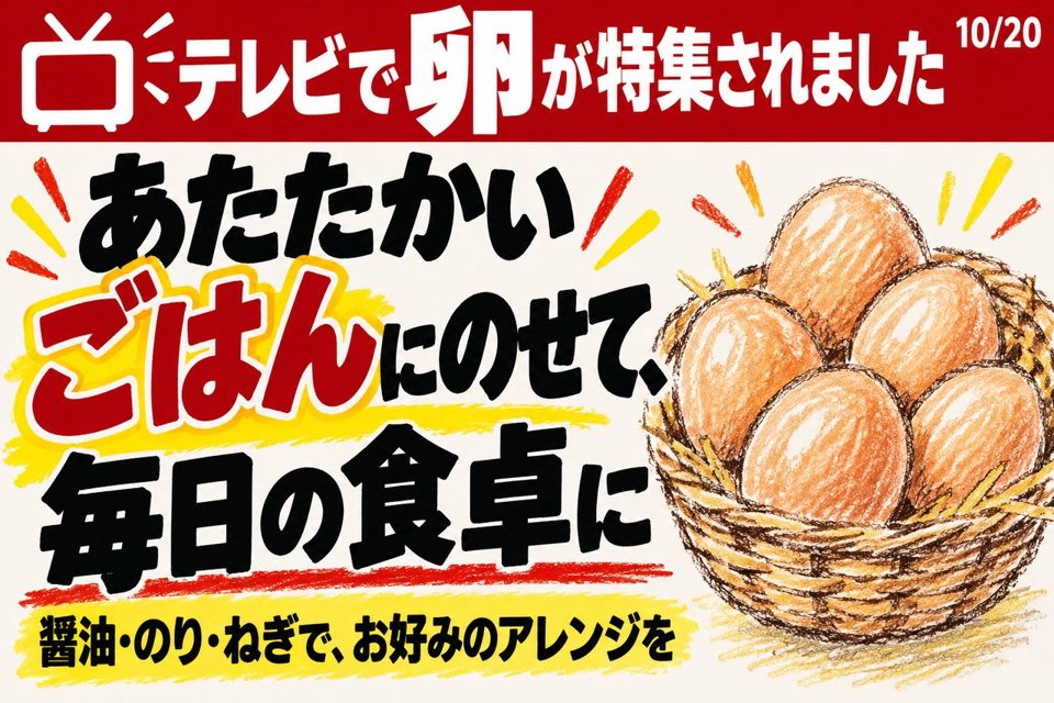店頭POPの例。「テレビで卵が特集されました」あたたかいごはんにのせて、毎日の食卓に。醤油・のり・ねぎで、お好みのアレンジを