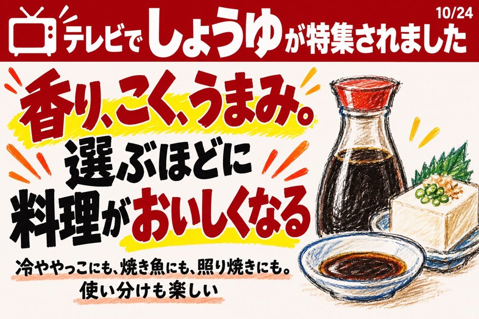 店頭POPの例。「テレビでしょうゆが特集されました」香り、こく、うまみ。選ぶほどに料理がおいしくなる。冷ややっこにも、焼き魚にも、照り焼きにも。使い分けも楽しい