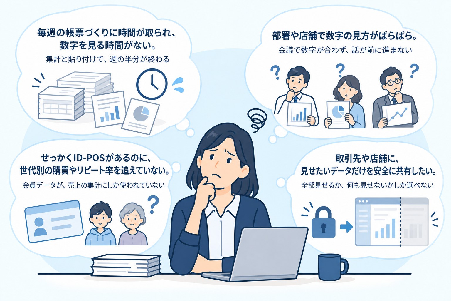 データ活用の4つの悩みを抱える担当者のイラスト