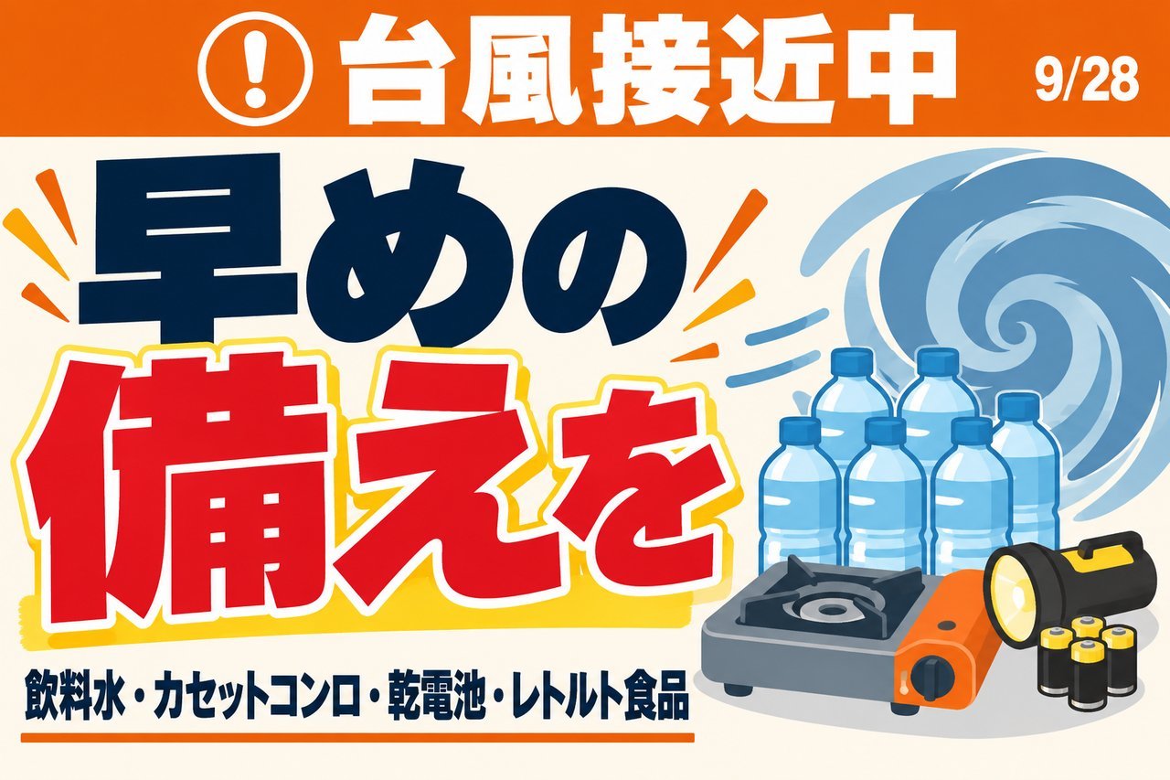 台風接近中。早めの備えを。飲料水・カセットコンロ・乾電池・レトルト食品