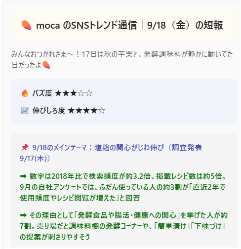 SNSトレンド通信の配信例。バズ度と伸びしろ度の評価、その日のメインテーマと売り場への示唆が並ぶ