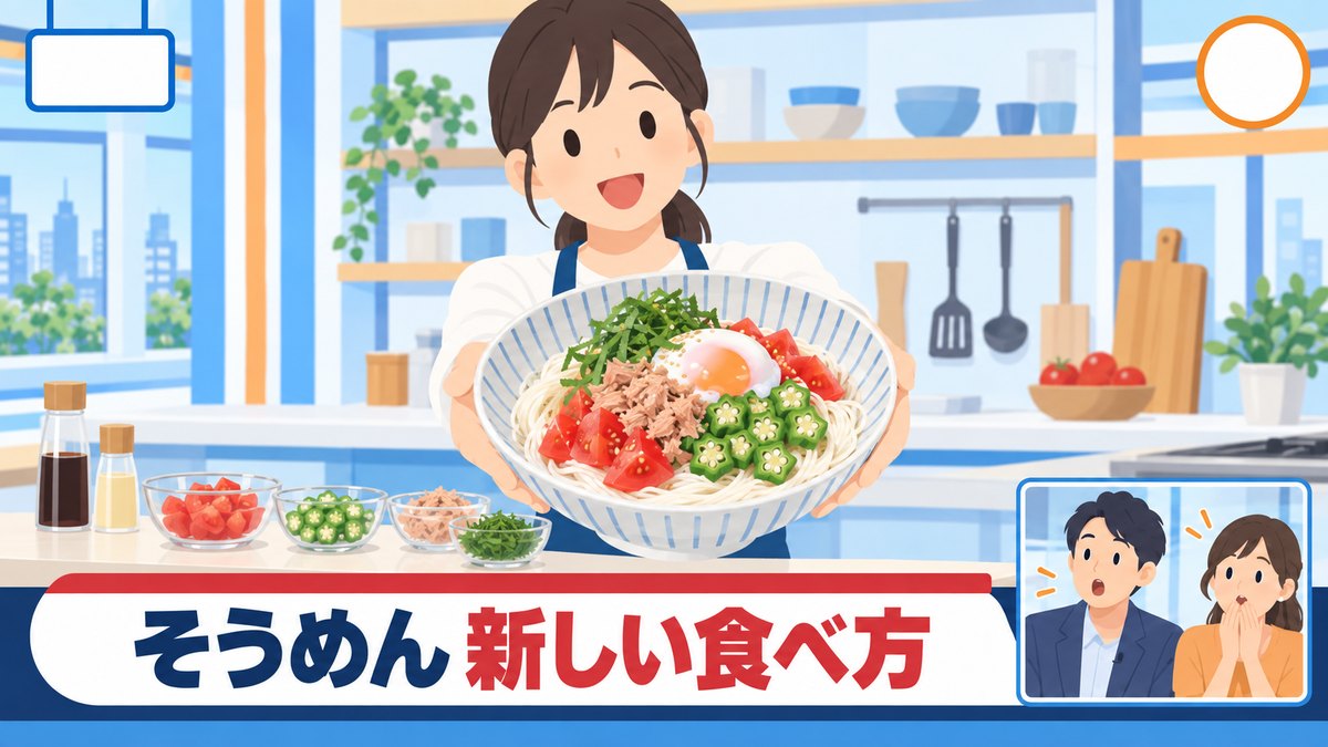 料理コーナーでそうめんの新しい食べ方が紹介されている画面のイメージ